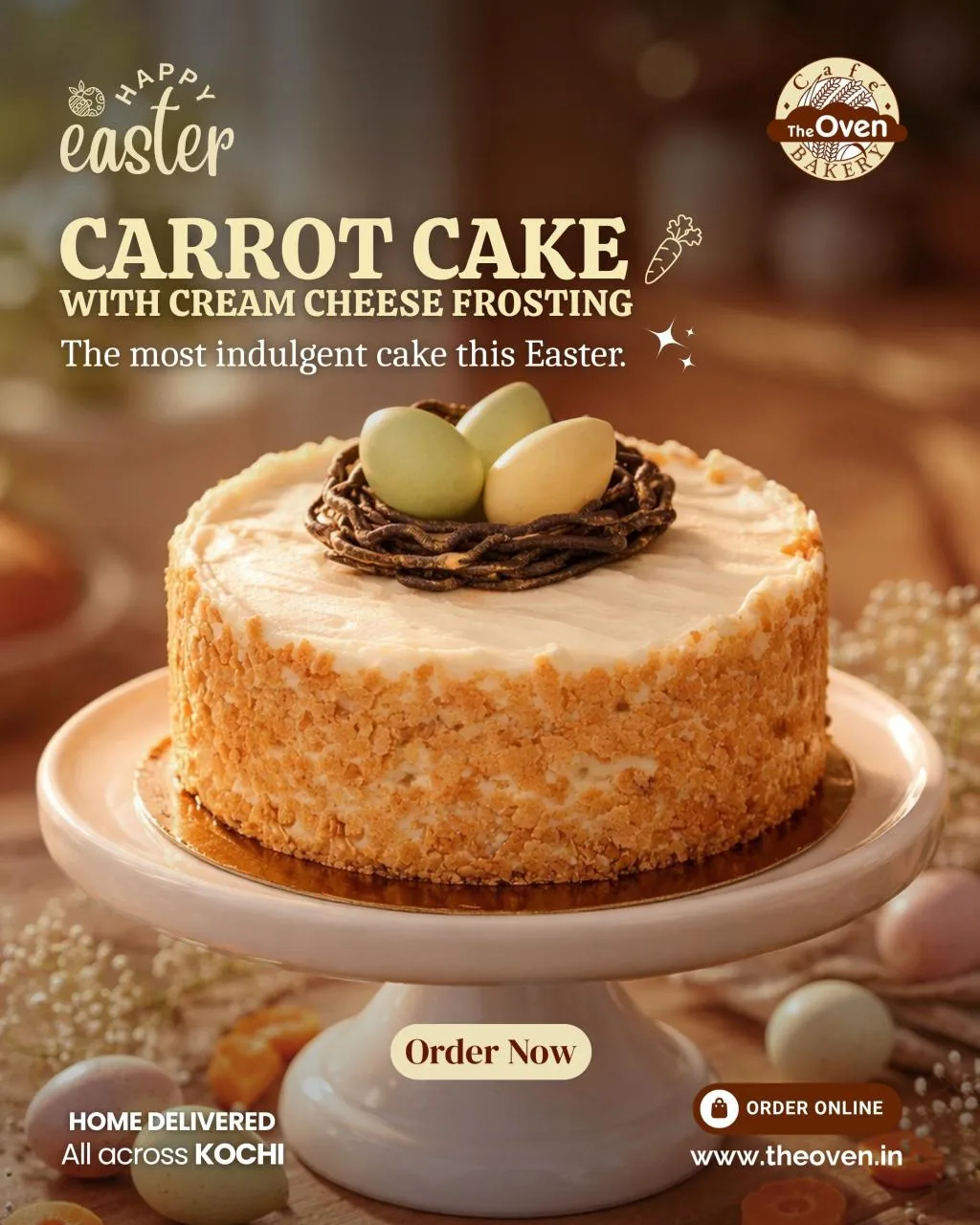 Moist. Dreamy. Stunningly beautiful.🍰✨

The Oven's Carrot Cake with Cream Cheese Frosting, the most indulgent cake this Easter.

This Easter, treat yourself and your loved ones to something truly extraordinary.

📍 Home delivered all across Kochi!
🔗 Order now at www.theoven.in

 #TheOven #TheOvenKochi #eastercake #carrotcake #EasterSpecial #easter

The Oven Cafe & Bakery | Cake Shop Kochi Delivery | Best Cake Shop in Kochi | Cake Shop Near Me | Desserts in Kochi | Carrot Cake with Cream Cheese Frosting | Moist Carrot Cake | Easter Special Carrot Cake in Kochi | Special Cake for Easter | Unique Easter Cake Idea | Cakes and Pastries Near Me