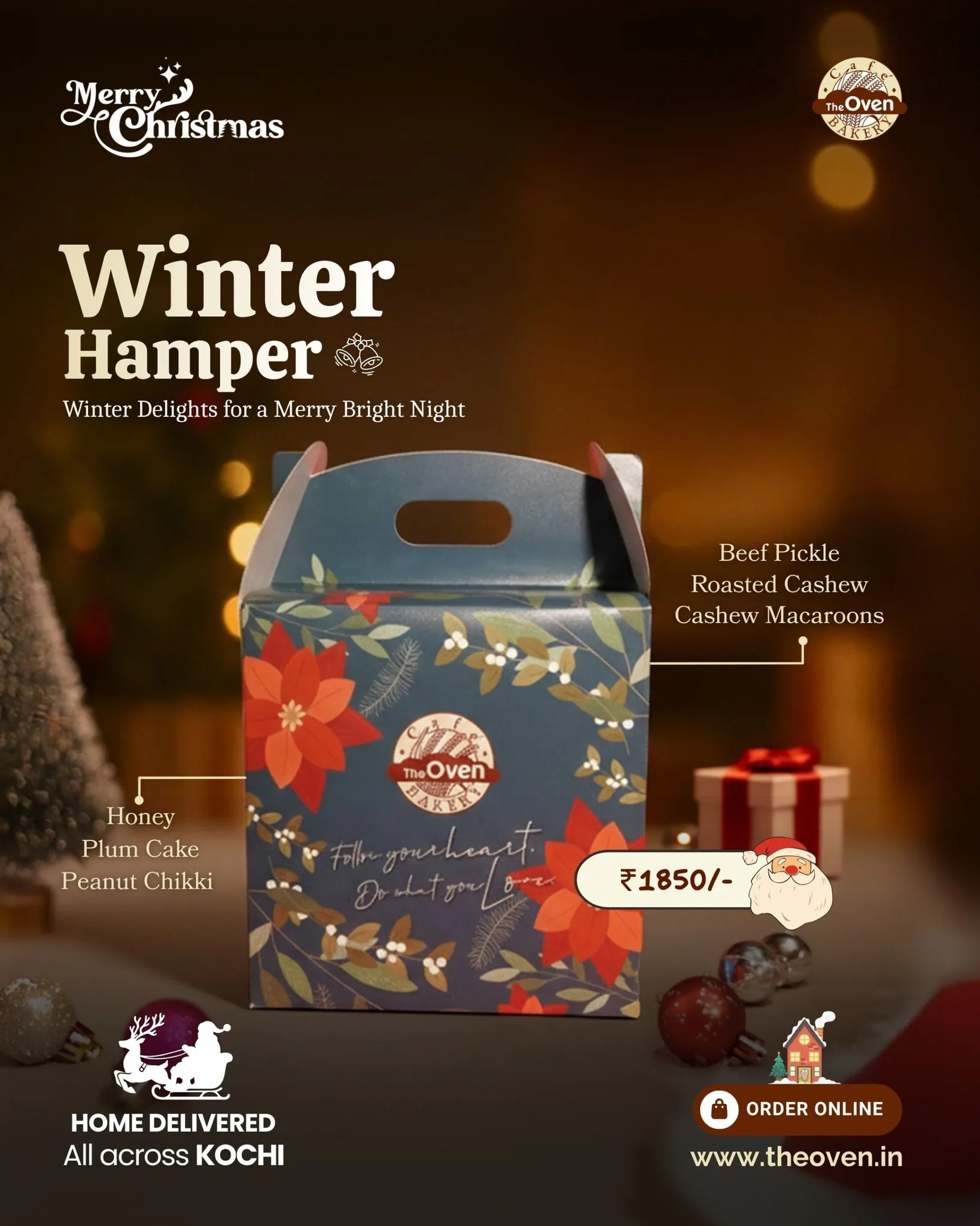 Make your winter evenings a little more magical this year. ✨❄️

Our exclusive Winter Hamper is designed to turn ordinary nights into cherished holiday memories. It is personal, premium, and absolutely perfect for the season. ❤️

Whether you are treating yourself or surprising a friend, this is the upgrade your Christmas needs. 🎁

Tap the link in bio or visit www.theoven.in to order today. 🛵🏠

#TheOven #TheOvenKochi #christmashampers2025 #christmas2025 #christmashampers #christmascake #kochi #ernakulam #PlumCake #ChristmasSpecial #orderonline